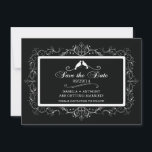 Black White Love Birds Vintage Save The Date<br><div class="desc">Announce your wedding date to family and friends with our beautiful vintage frame save the date wedding announcement. Our stunning save the date announcement features a beautiful white fancy ornate vintage frame with a pair of love birds set on a contemporary Black background. Available in our shop in a large...</div>