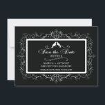 Black White Love Birds Vintage Save The Date<br><div class="desc">Announce your wedding date to family and friends with our beautiful vintage frame save the date wedding announcement. Our stunning save the date announcement features a beautiful white fancy ornate vintage frame with a pair of love birds set on a contemporary Black background. Available in our shop in a large...</div>