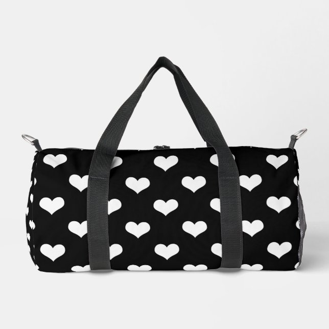 Black White Love Heart Pattern Design  Duffle Bag (Front)