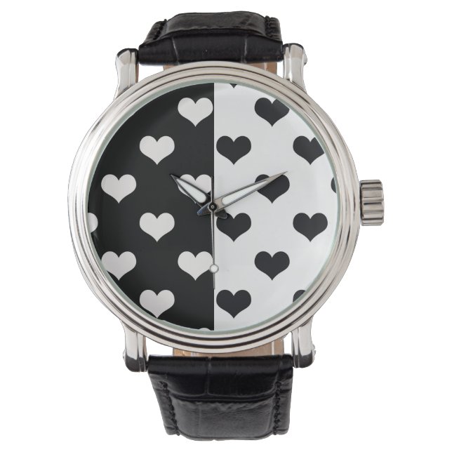 Black White Love Heart Pattern Watch (Front)