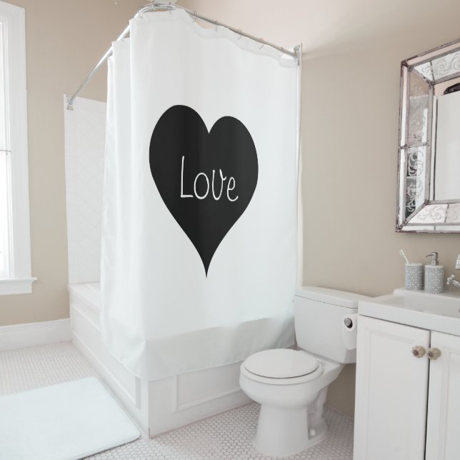 BLACK & WHITE LOVE HEART Text Print Shower Curtain (In Situ)