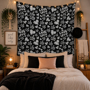 Black White Love Hearts Tapestry Romantic Bedroom