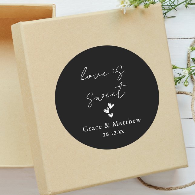 Black & White Love is Sweet Wedding Sweet Favour  Classic Round Sticker (Creator Uploaded)
