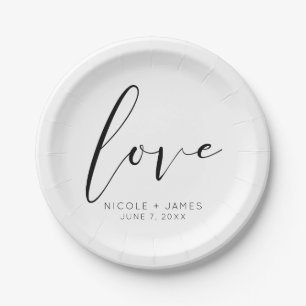 Black & White LOVE Minimal Modern Wedding Paper Plate