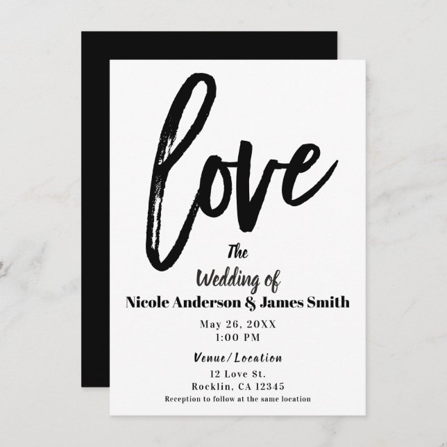Black & White LOVE Modern Brush Script Wedding Invitation (Front/Back)