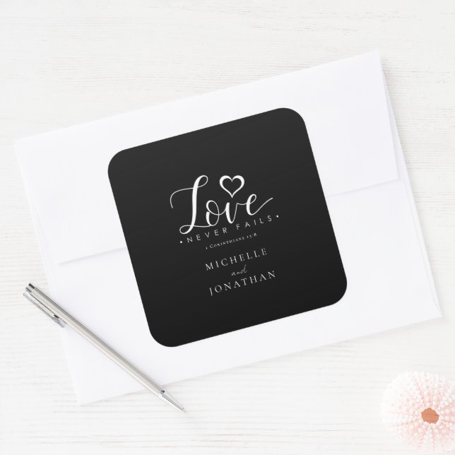 Black White Love Never Fails Bible Verse Wedding Square Sticker (Envelope)