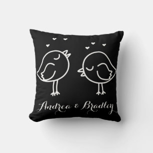 Black & White Lovebirds In Love Doodles Pillow
