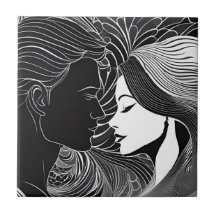 Black & White Lovers Romantic Embrace Silhouettes