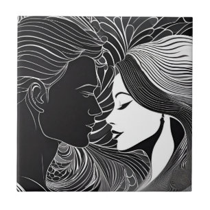 Black & White Lovers Romantic Embrace Silhouettes Ceramic Tile