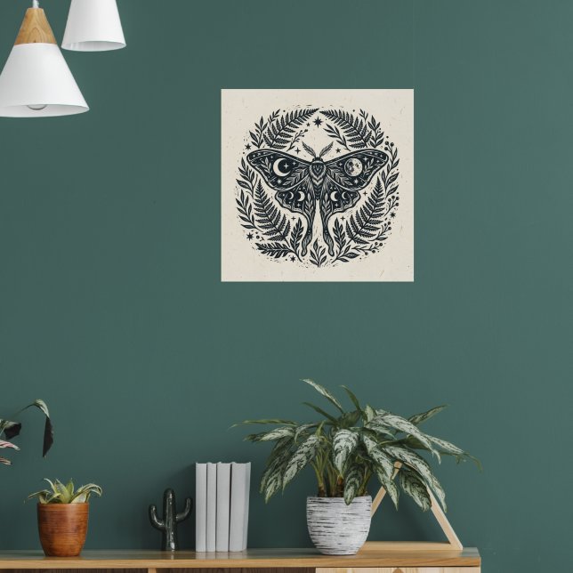 Black White Luna Moth Celestial Moon Lino Cut Wood Poster (Living Room 1)
