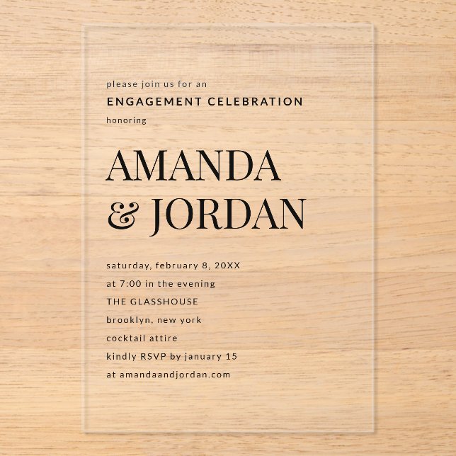  Black & White Luxe Minimalist Engagement  Acrylic Invitations (Front)