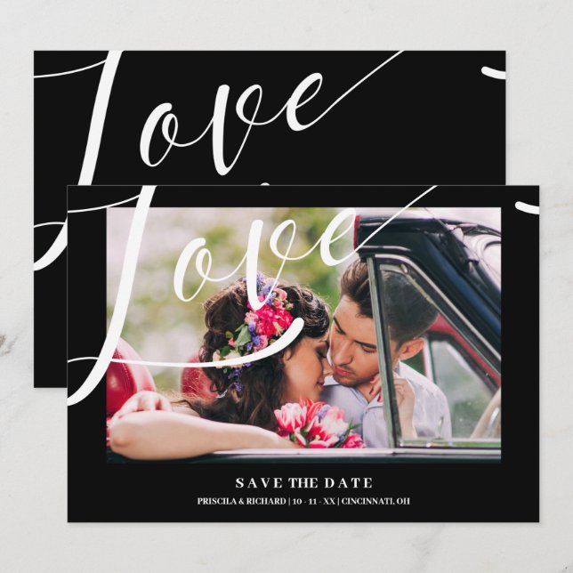 Black & White Luxury Minimalist Love Quote Photo Save The Date (Front/Back)