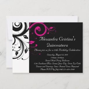 Black, White, Magenta Swirl Quinceañera Invitation