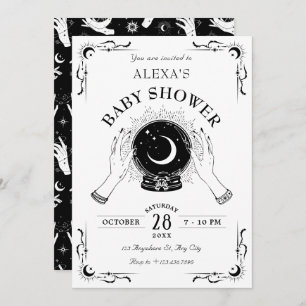 Black white magic moon crystal ball baby shower invitation