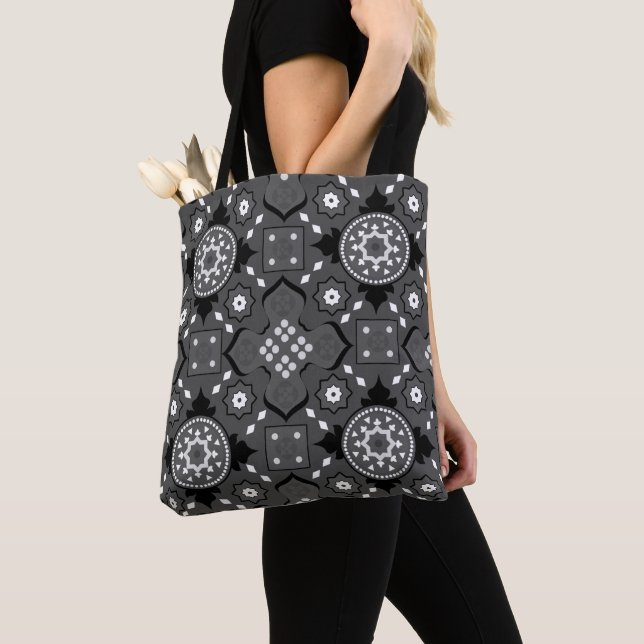 "Black & White Magical Oriental Rug Pattern" Tote Bag (Close Up)