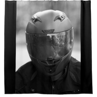 Black & White Man in a Motorcycle Helmet Shower Curtain