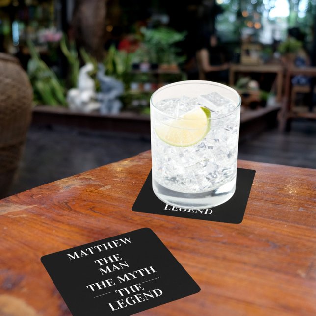 Black white man myth legend bachelor square paper coaster (Creator Uploaded)