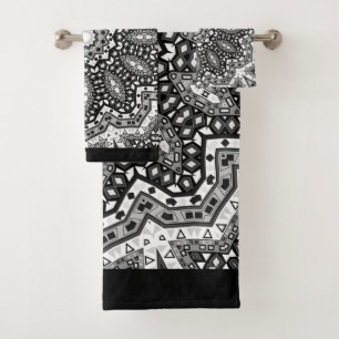 Black white mandala, kaleidoscope, round ornament bath towel set
