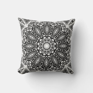 Black white mandala, kaleidoscope, round ornament cushion