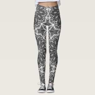 Black white mandala, kaleidoscope, round ornament leggings