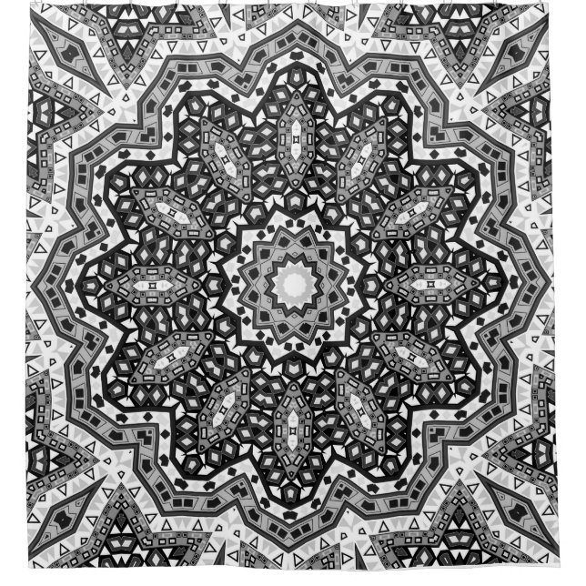 Black white mandala, kaleidoscope, round ornament shower curtain (Front)