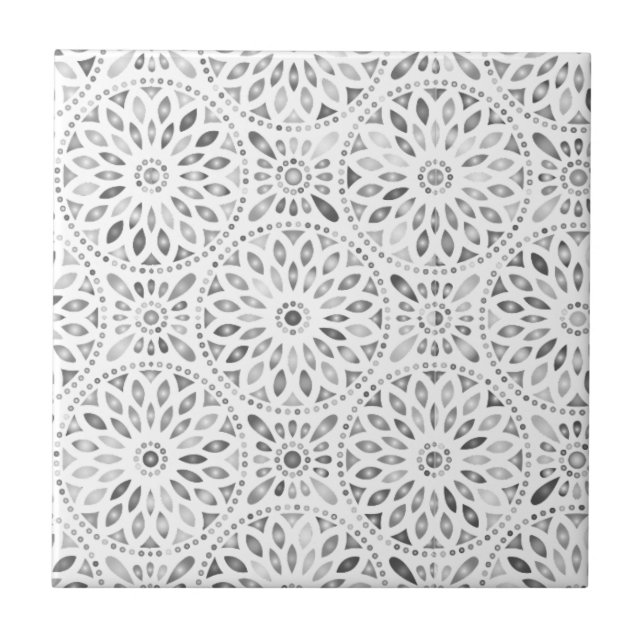 Black White Mandala Pattern Abstract Artistic Ceramic Tile (Front)