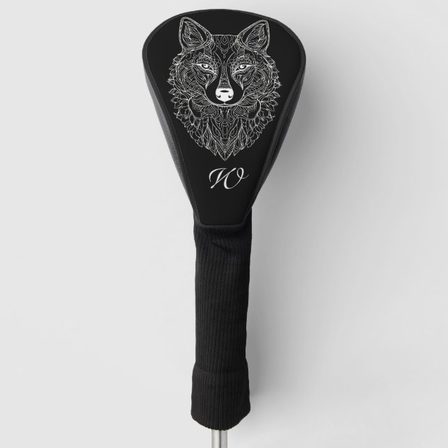 Black & White Mandala Wolf Head Monogram Initial  Golf Head Cover (Front)