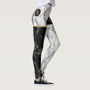 Black White Marble Add Letter Leggings