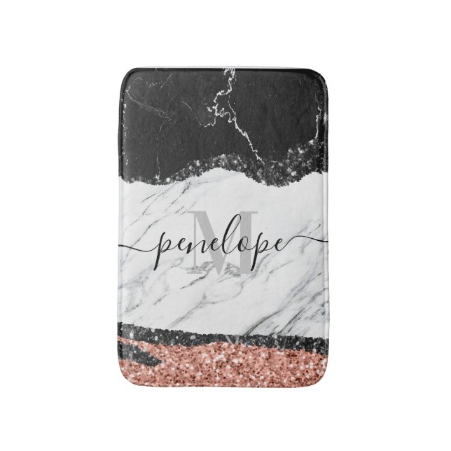 Black White Marble and Glitter Bath Mat (Front Vertical)
