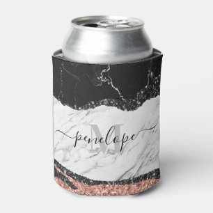 Black White Marble and Glitter Can Cooler