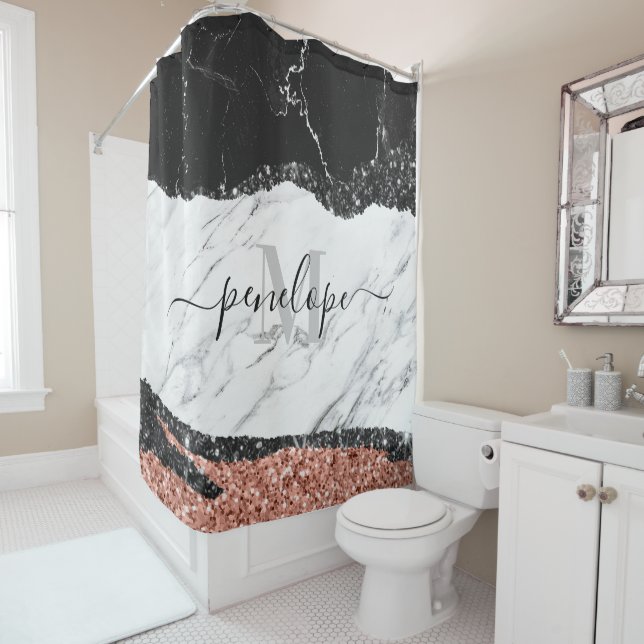 Black White Marble and Glitter Shower Curtain (In Situ)