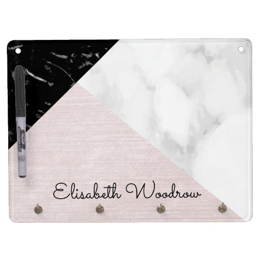 Black White Marble and Pink Silk Abstract Collage Dry Erase Board With Key Ring Holder