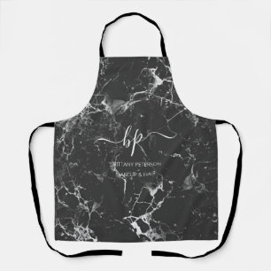 Black White Marble Business Staff Uniform Monogram Apron
