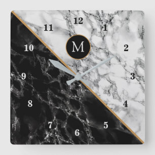 Black White Marble Clock With Custom Letter