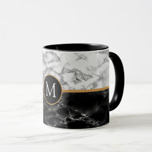 Black White Marble Coffee Mug with Custom Letter