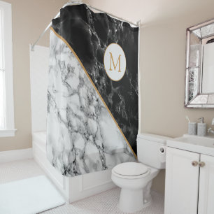 Black White Marble Custom Letter Shower Curtain
