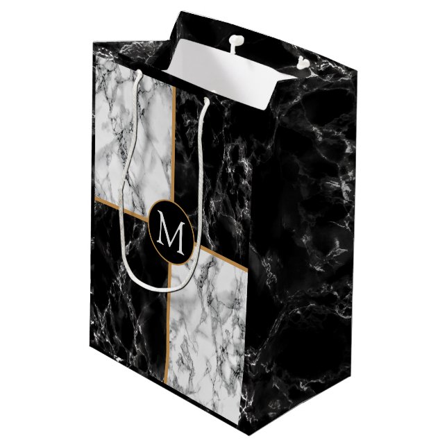 Black White Marble Custom Your Letter Gift Bag (Back Angled)