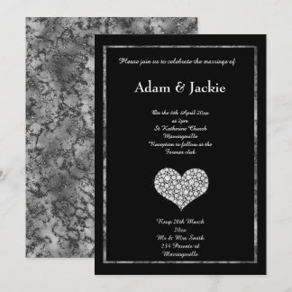 BLACK WHITE MARBLE DIAMOND HEART WEDDING INVITATION