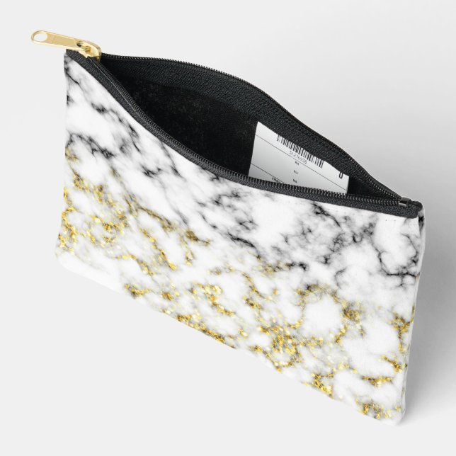 Black white marble gold faux sparkle bling accessory pouch (Open)