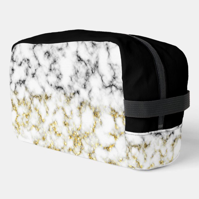 Black white marble gold faux sparkle bling dopp kit (Left Corner)