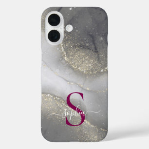 black & white marble gold glitter monogram iPhone 16 case