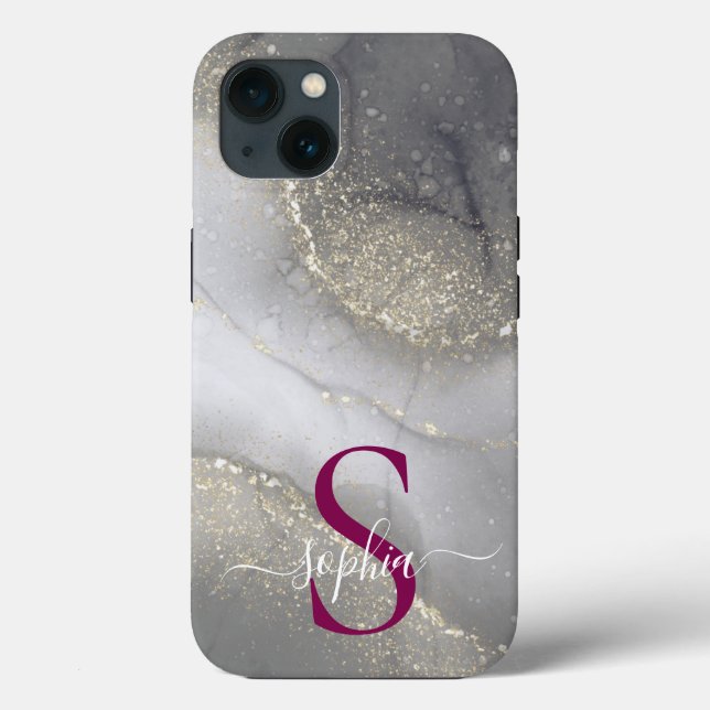 black & white marble gold glitter monogram Case-Mate iPhone case (Back)