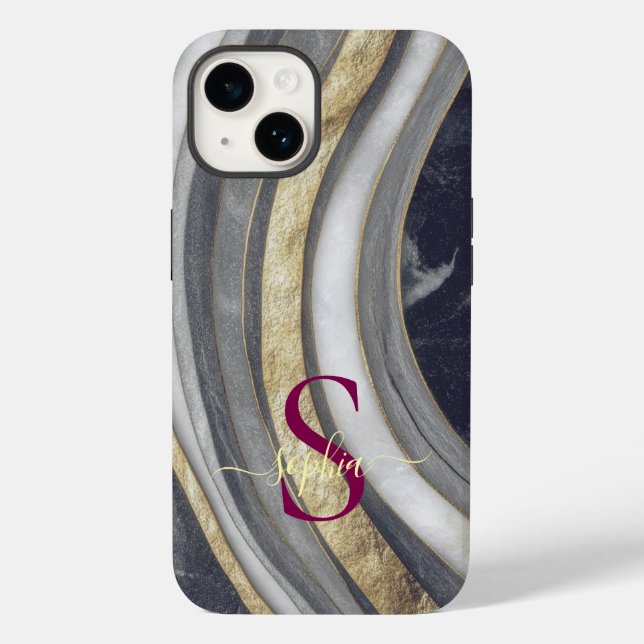 black & white marble gold glitter monogram Case-Mate iPhone case (Back)