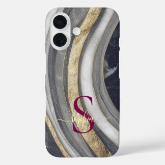 black & white marble gold glitter monogram iPhone 16 case