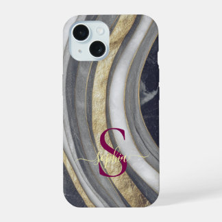 black & white marble gold glitter monogram iPhone 15 case