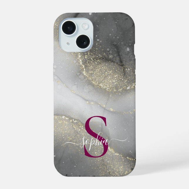 black & white marble gold glitter monogram iPhone 15 case (Back)