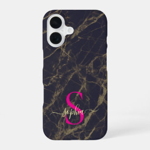 black & white marble gold glitter monogram iPhone 16 case