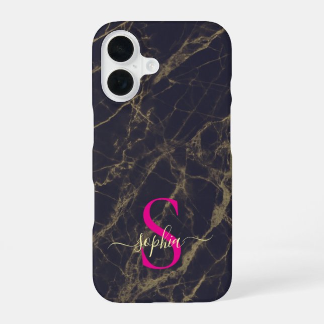 black & white marble gold glitter monogram iPhone 16 case (Back)