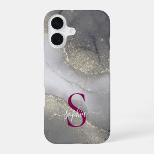 black & white marble gold glitter monogram iPhone 16 case