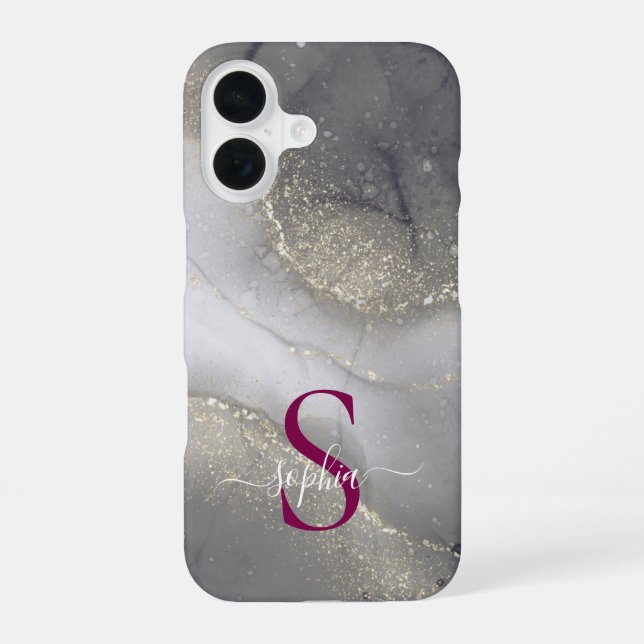 black & white marble gold glitter monogram iPhone 16 case (Back)